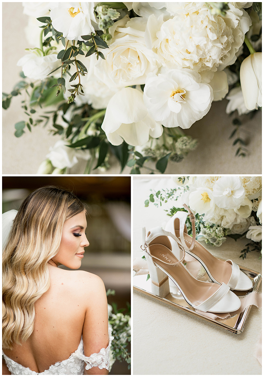 cream and white wedding details and florals