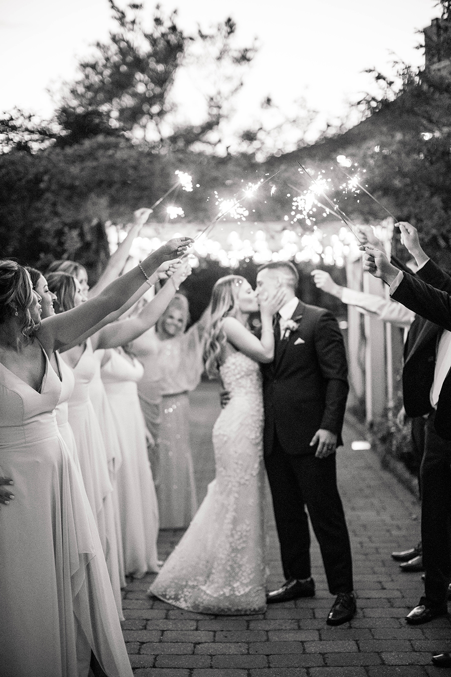 Wedding night sparkler send off pictures with the bridal party at Scotland Run