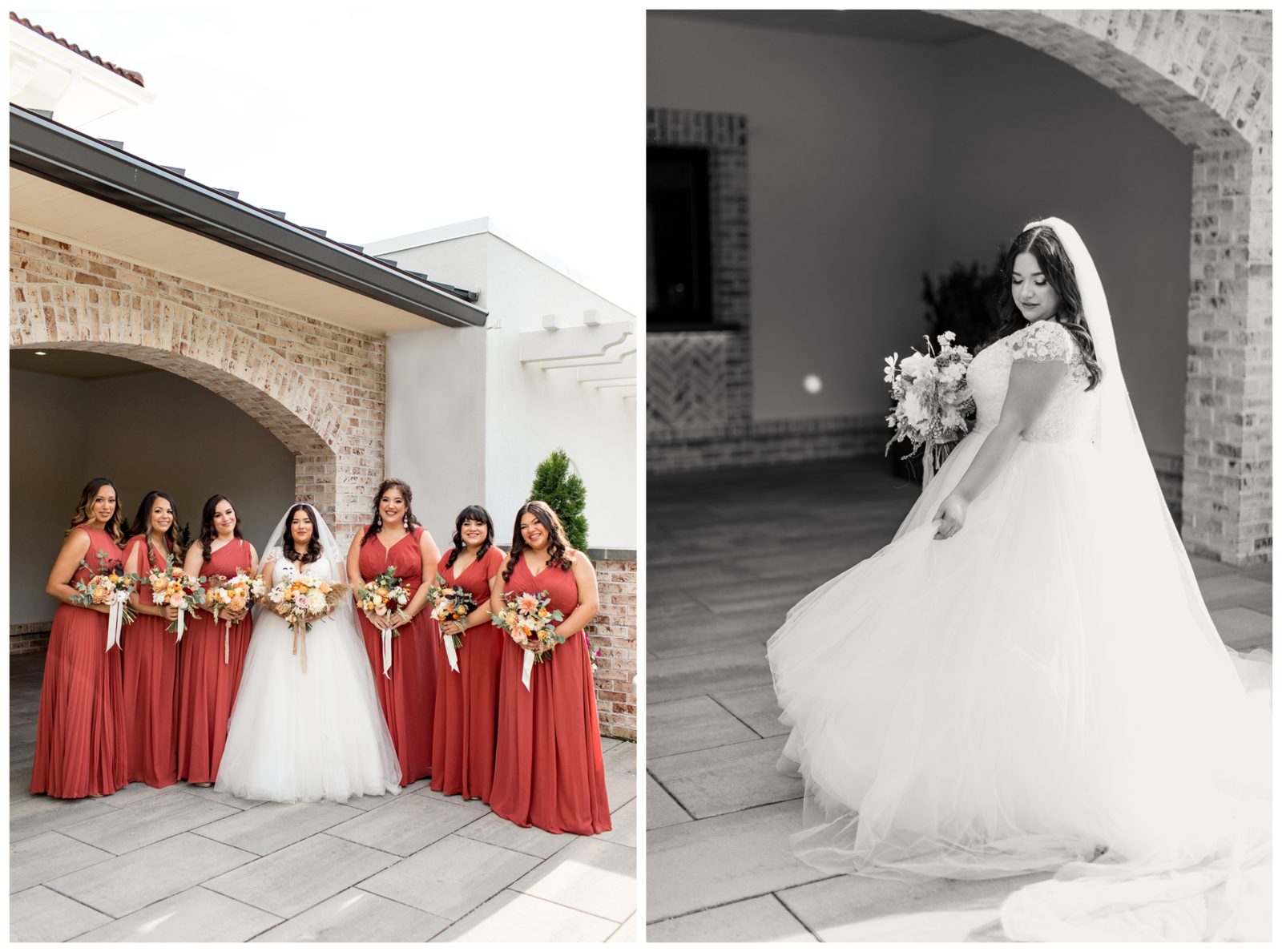 girls in floor length rust colored bridesmaid dresses with orange and rust bouquets