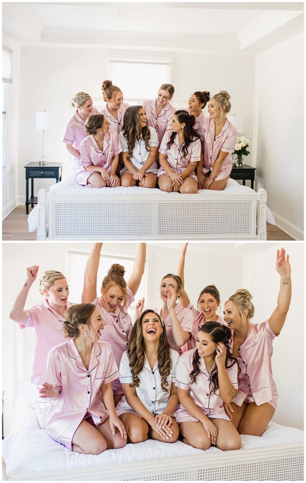 bridesmaids getting ready in matching pink silk pajamas 