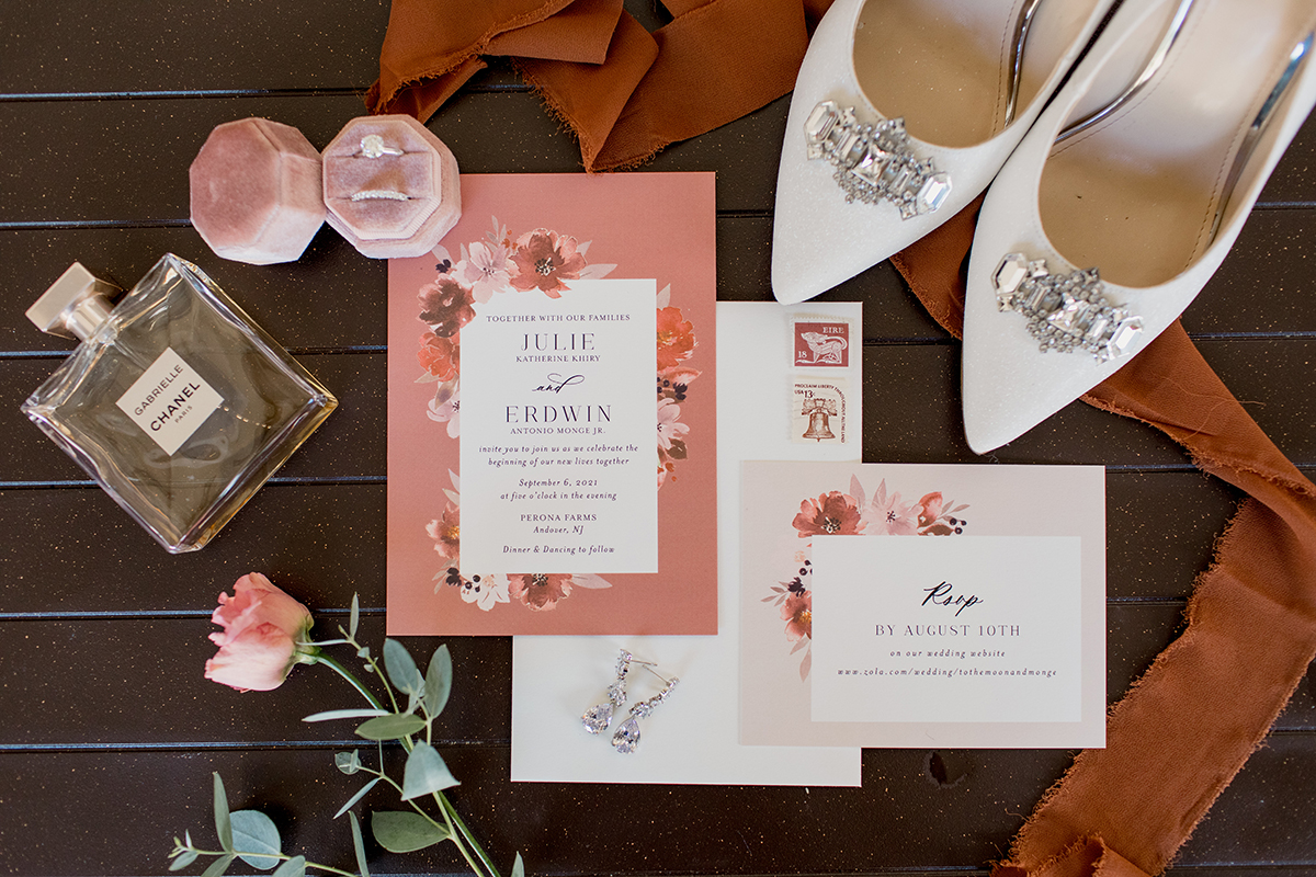 floral rust and blush wedding stationary and details